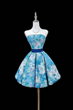 Blue Floral Strapless Mini Party Dress, A Line Backless Evening Dress KPH0808