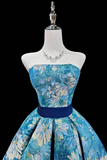 Blue Floral Strapless Mini Party Dress, A Line Backless Evening Dress KPH0808