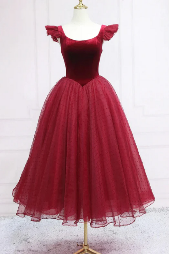 Wine Red Velvet Tea Length Round Neckline Formal Prom Dress KPP2261