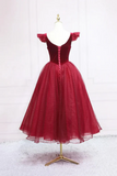 Wine Red Velvet Tea Length Round Neckline Formal Prom Dress KPP2261