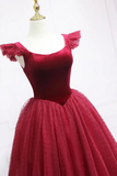 Wine Red Velvet Tea Length Round Neckline Formal Prom Dress KPP2261