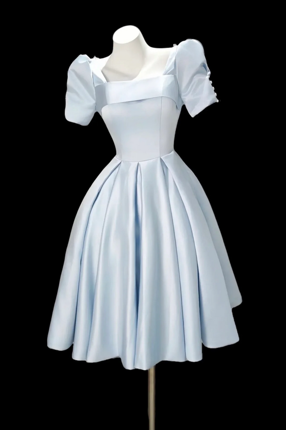 Vintage Light Blue Satin Short Sleeve Mini Dress, Square Neck A Line Party Gown KPH0809