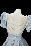 Vintage Light Blue Satin Short Sleeve Mini Dress, Square Neck A Line Party Gown KPH0809