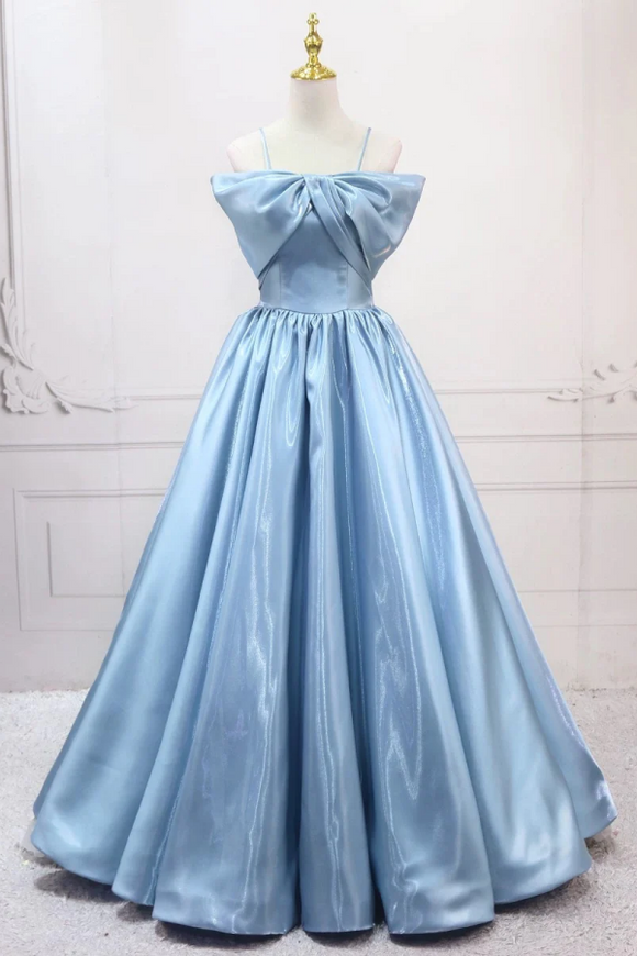 Light blue evening gown on a mannequin against a white background