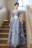 A Line Blue Tulle With Lace Applique Formal Dress, Short Sleeves Long Prom Dress KPP2265