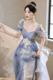 A Line Blue Tulle With Lace Applique Formal Dress, Short Sleeves Long Prom Dress KPP2265