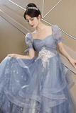 A Line Blue Tulle With Lace Applique Formal Dress, Short Sleeves Long Prom Dress KPP2265