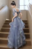 A Line Blue Tulle With Lace Applique Formal Dress, Short Sleeves Long Prom Dress KPP2265