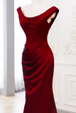 Wine Red Round Neckline Satin Mermaid Long Prom Dress, Evening Dress KPP2267