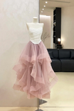 Romantic Blush Tulle Midi Dress with White Ruched Strapless Bodice KPP2276
