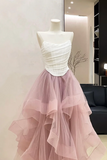 Romantic Blush Tulle Midi Dress with White Ruched Strapless Bodice KPP2276