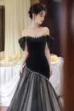 Luxury Black Tulle Mermaid Prom Dress, Pearl Beaded Off Shoulder Evening Gown KPP2280