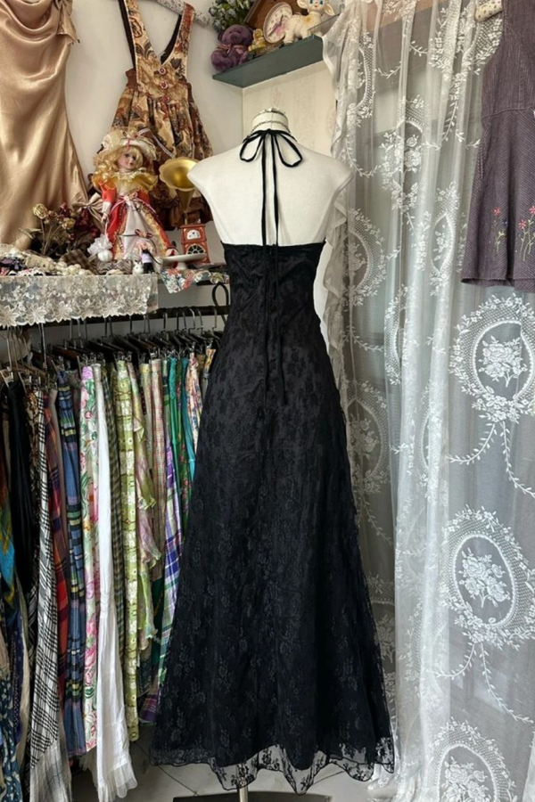Cute Black Lace V Neckline A Line Halter Party Dress, Charming Style P –  kateprom