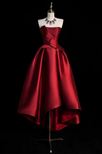 Wine Red Satin High Low Party Dress Homecoming Dress, Short Prom Dress kateprom Wine Red Satin High Low Party Dress Homecoming Dress, Short Prom Dress kateprom