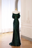 Green Sequins Long Prom Dress, Mermaid Off the Shoulder Party Dress KPP2207