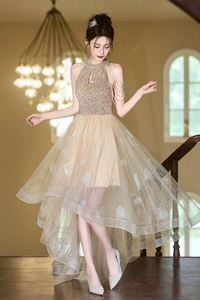 Champagne Tulle Beads Short Prom Dress, Lovely A Line Hight Low Party kateprom Champagne Tulle Beads Short Prom Dress, Lovely A Line Hight Low Party kateprom