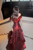 Burgundy Off Shoulder Mermaid Prom Dress, Shiny Satin Floor Length Party Gown KPP2287