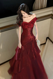 Burgundy Off Shoulder Mermaid Prom Dress, Shiny Satin Floor Length Party Gown KPP2287