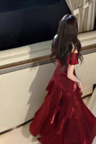 Burgundy Off Shoulder Mermaid Prom Dress, Shiny Satin Floor Length Party Gown KPP2287