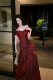 Burgundy Off Shoulder Mermaid Prom Dress, Shiny Satin Floor Length Party Gown KPP2287