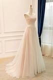Draped Off Shoulder Tulle Prom Dress, Champagne Floor Length Party Gown with Train KPP2288