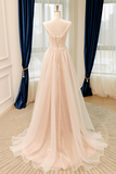 Draped Off Shoulder Tulle Prom Dress, Champagne Floor Length Party Gown with Train KPP2288
