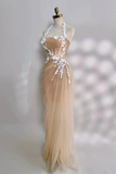 Mermaid Tulle Lace Floor Length Champagne Prom Dress KPP2291