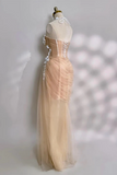 Mermaid Tulle Lace Floor Length Champagne Prom Dress KPP2291