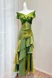 Shiny Green Satin Evening Gown Ruffled Off the Shoulder Formal Dress KPP2292