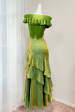 Shiny Green Satin Evening Gown Ruffled Off the Shoulder Formal Dress KPP2292