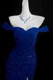 Blue Mermaid Sequins Sweetheart Prom Dress, Blue Off Shoulder Party Dress KPP2298