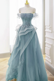 Off the Shoulder Dusty Blue Floral Long Prom Dresses, Tulle Formal Dresses KPP2314