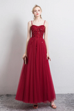 Burgundy Spaghetti Strap Tulle Formal Dress, Beautiful Evening Dress with Beaded KPP2323