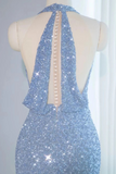Mermaid Prom Dress 2025 Long For Women Sparkling Blue Halter Neck Evening Gown KPP2331