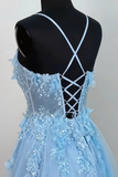 Light blue lace dress on a mannequin with criss-cross straps against a plain background