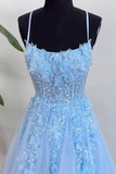 Light blue evening gown with lace details on a mannequin against a white background