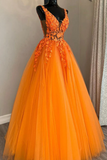 Orange evening gown with floral details on a mannequin against a neutral background