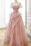 Pink evening gown on a mannequin against a white curtain background