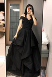 A Line V Neck Satin Floor Length Black Prom Dress, Black Formal Dress KPP2357