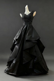 A Line V Neck Satin Floor Length Black Prom Dress, Black Formal Dress KPP2357