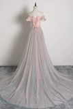 Off the Shoulder Pink Floral Gray Tulle Long Prom Dresses, Formal Graduation Dresses KPP2362