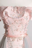 Off the Shoulder Pink Floral Gray Tulle Long Prom Dresses, Formal Graduation Dresses KPP2362