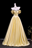 Yellow Off Shoulder Satin Prom Dress, Crystal Sweetheart Corset A Line Long Evening Gown KPP2367