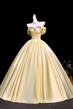 Yellow Off Shoulder Satin Prom Dress, Crystal Sweetheart Corset A Line Long Evening Gown KPP2367