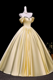 Yellow Off Shoulder Satin Prom Dress, Crystal Sweetheart Corset A Line Long Evening Gown KPP2367
