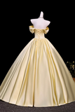 Yellow Off Shoulder Satin Prom Dress, Crystal Sweetheart Corset A Line Long Evening Gown KPP2367