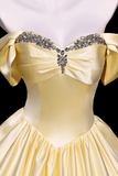 Yellow Off Shoulder Satin Prom Dress, Crystal Sweetheart Corset A Line Long Evening Gown KPP2367