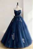 A Line Tulle Lace Floor Length Dark Blue Long Prom Dress KPP2368
