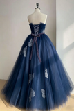 A Line Tulle Lace Floor Length Dark Blue Long Prom Dress KPP2368