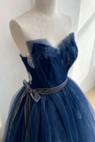 A Line Tulle Lace Floor Length Dark Blue Long Prom Dress KPP2368
